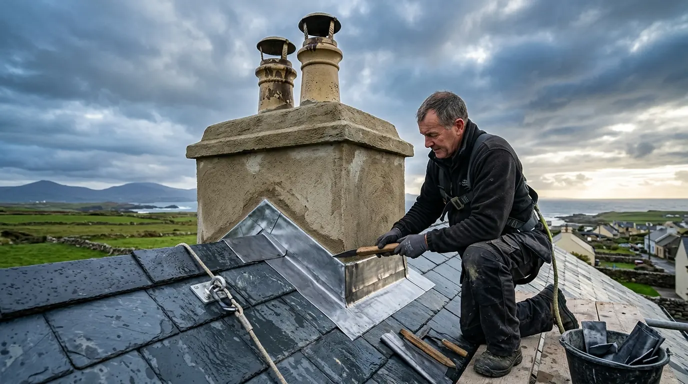 Roofer dressing new lead flashing around a chimney stack on a slate roof
