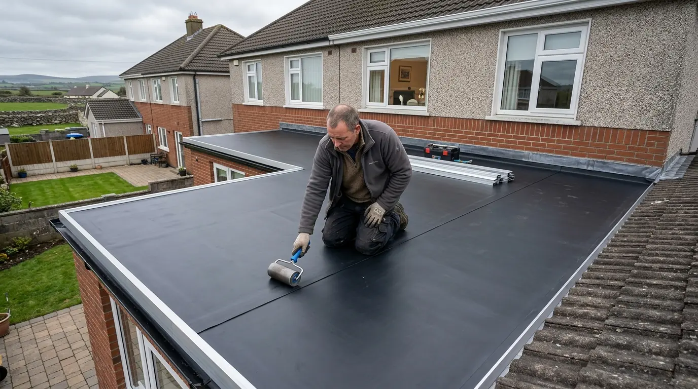 Roofer rolling a new EPDM rubber flat roof on a house extension