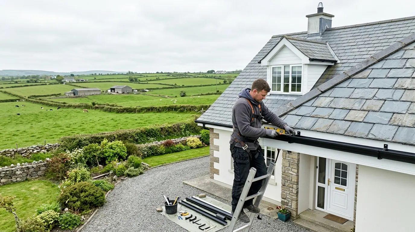Roofer fitting a new black gutter to the fascia of a rural Clare bungalow