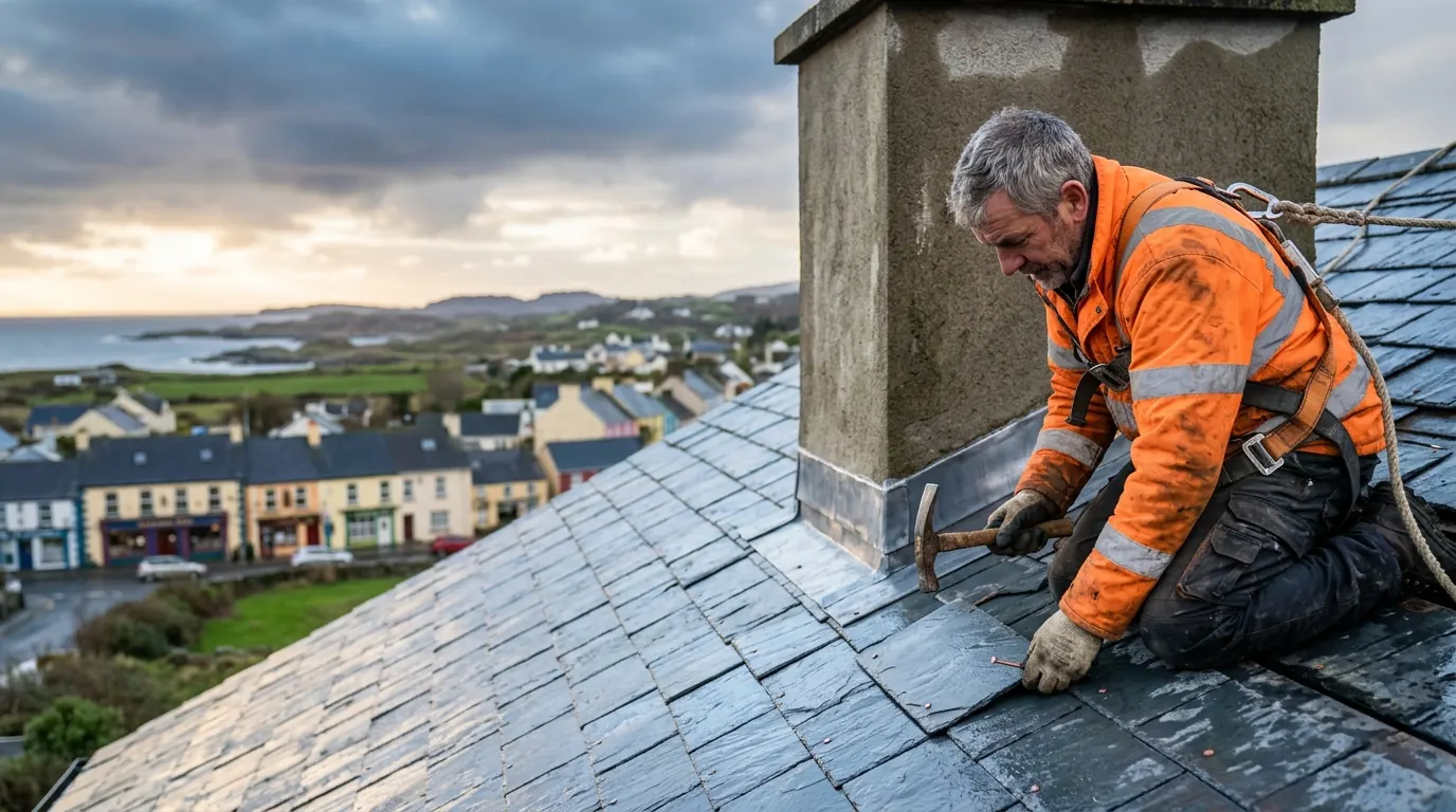 Roofer in a safety harness replacing a slate beside a chimney on a Clare roof